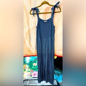 Long. Blue fluffy summer dress XL. Blue with ties for the shoulders. Ruffles